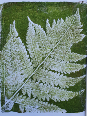 Farn in olivgrün. Gelliart. Druck auf der Gelplatte in Acryl