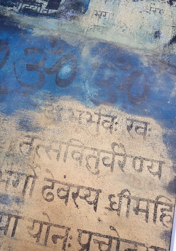 Gayatri Mantra mit 3mal Om. Gelliprint. Druck in Acryl