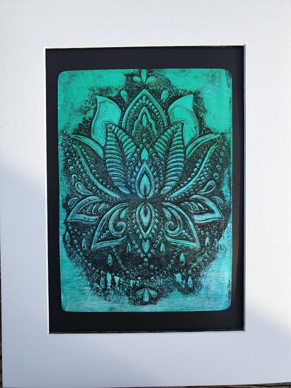 Lotusblume in schwarz grün. Gelliprint. Druck in Acryl - Image 2