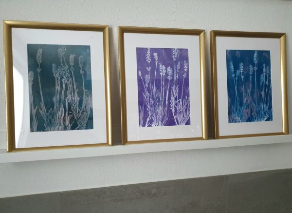 VERKAUFT ! 3er SET Lavendel. Gelliart. Druck auf der Gelplatte in Acryl