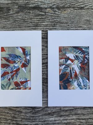 2er SET Herbstblätter in rostrot. Gelliart. Druck auf der Gelplatte in Acryl