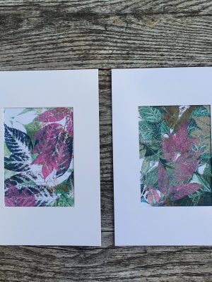 2er SET Herbstblätter in blau und pink. Gelliart. Druck auf der Gelplatte in Acryl