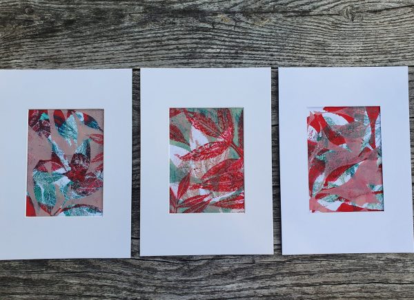 3er SET Herbstblätter in Rot. Gelliart. Druck auf der Gelplatte in Acryl