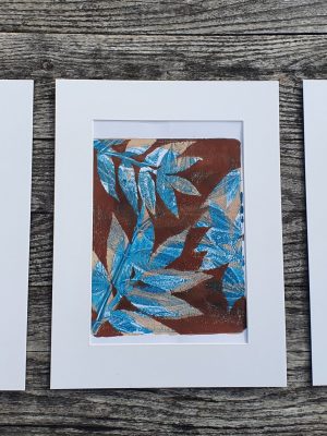 3er SET Monoprint. Handgemacht Druck auf der Gelplatte in blau, braun, beige