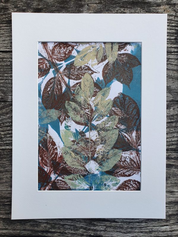2er SET Monoprint auf der Gelplatte. Handgemacht aus Blättern in blau, braun und beige. - Image 2