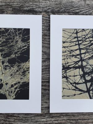 2er SET Monoprint aus Schachtelhalm. Druck auf der Gelplatte. In beige, schwarz