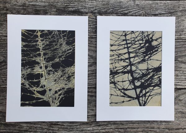 2er SET Monoprint aus Schachtelhalm. Druck auf der Gelplatte. In beige, schwarz