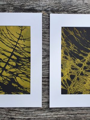 2er SET Monoprint aus Schachtelhalm. Druck auf der Gelplatte. In grün, schwarz