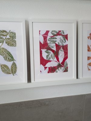 3er SET Monoprint auf der Gelplatte in pink, grün, weiß und Goldtönen