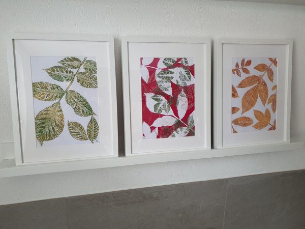 3er SET Monoprint auf der Gelplatte in pink, grün, weiß und Goldtönen