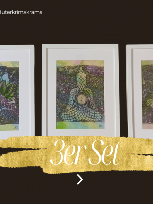3er SET Monoprint mit Yoga Symbolen in Pastelltönen.