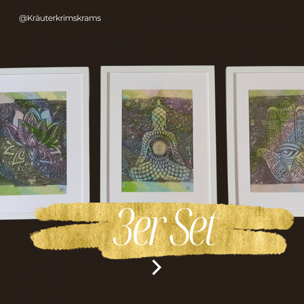 3er SET Monoprint mit Yoga Symbolen in Pastelltönen.